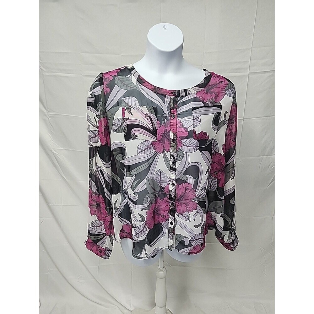 Newport News Semi Sheer Floral Button Front Blouse SZ XXL free spirit, retro vib